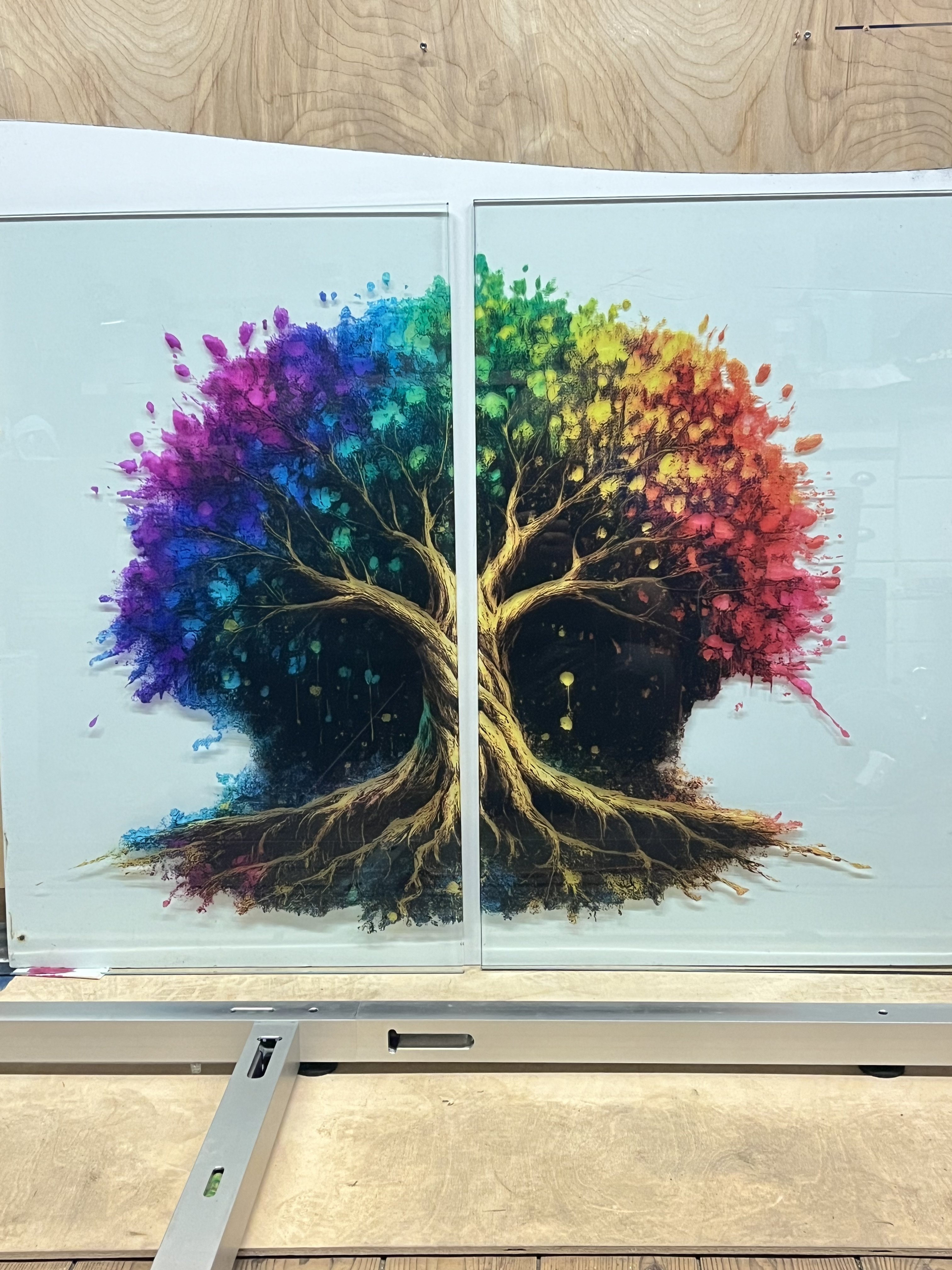 Moderner Glasdruck mit farbigem Baum Motiv als Raumgestaltung